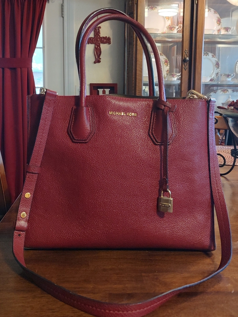 Michael Kors Mercer Wine Red Pebbled Leather Tote with Padlock Charm